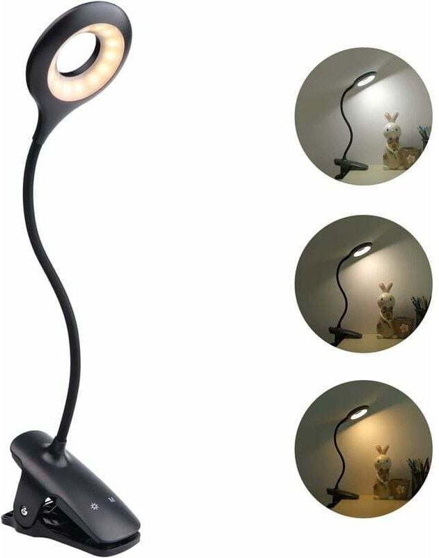Thumbnail - Kabellose wiederaufladbare USB-Nachttischlampe, schwarze Touch-Leselampe, 3 Farben und 3 dimmbar, Leselampe mit Clip zum...