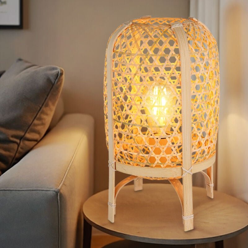 Tischleuchte Bambus Boho Tischlampe Nachttischlampe Schlafzimmer, Metall naturfarben, 1x E27 Fassung, DxH 22x37cm