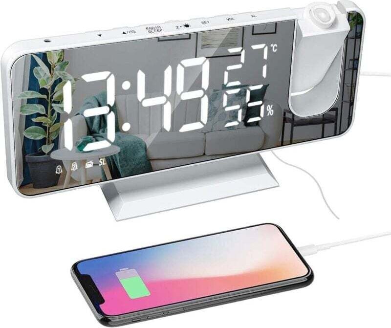 Projektionswecker fürs Schlafzimmer, großer 7,4-Zoll-LED-Spiegelbildschirm und Radiowecker mit 4 Dimmstufen, USB-Ladefun...