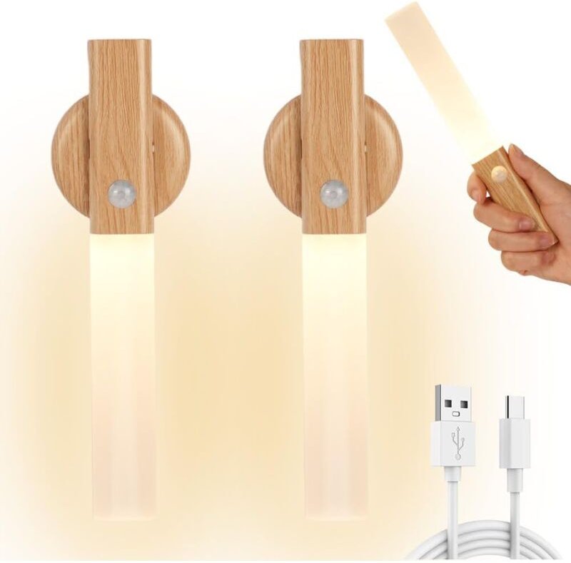 2er-Set Wandleuchten aus Holz mit Bewegungssensor, wiederaufladbare Wand-Nachtlichter für den Innenbereich, kabellose Wa...