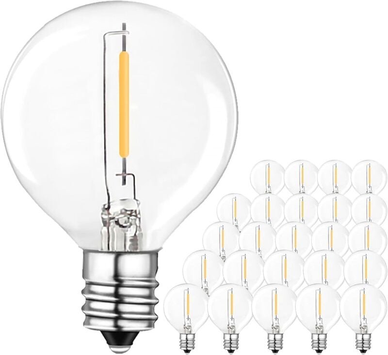 25 Stück E12-Glasbirnen, G40-LED-Birnen, Warmweiß, 0,6 W = 6 W, 100 lm, 2700 K, AC220–240 V, Ersatz-Lichterkette, LED-Fi...