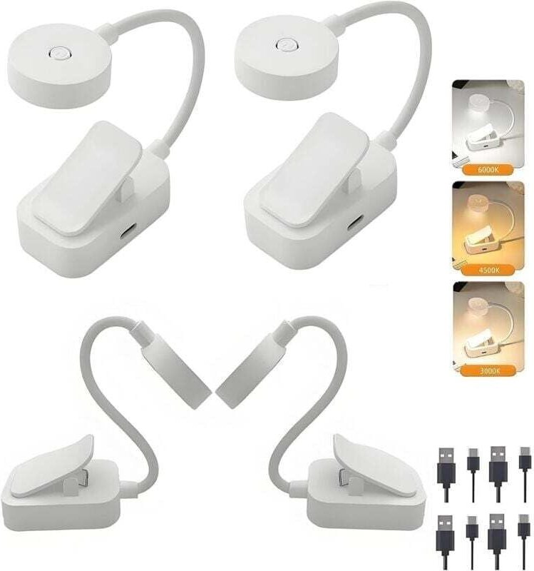 4-teiliges Mini-LED-Leselicht, wiederaufladbare Leselampe zum Anklemmen, Augenschutz, stufenloses Dimmen und 3 Farben, 3...