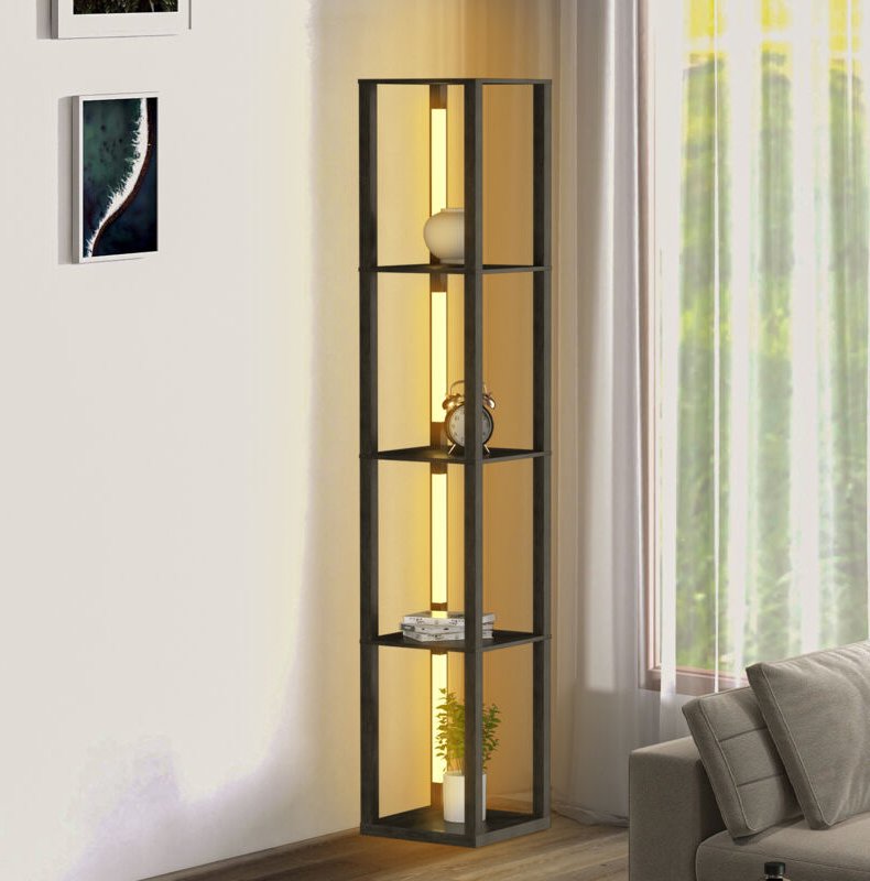 TolleTour Standleuchte Regal, Stehlampe Holz, Moderne Innenbeleuchtung mit 4-Ebenen, Bodenlampe fuer Wohnzimmer