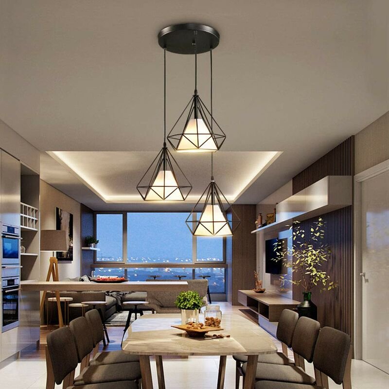 Axhup - 3-flammige E27 Industrial Metall Kronleuchter 25cm Pendelleuchte in Rautenform Leuchte Textiler Lampenschirm für...