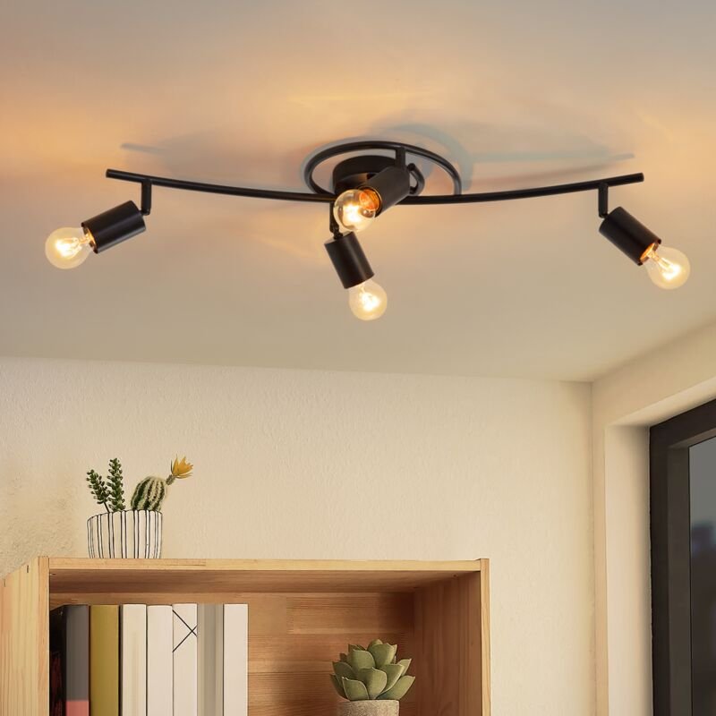 Thumbnail - Deckenleuchte Vintage Deckenlampe Schwarz - E27 Deckenstrahler 4 Flammig Schwenkbar 350° Deckenspot Industrial Spots küc...