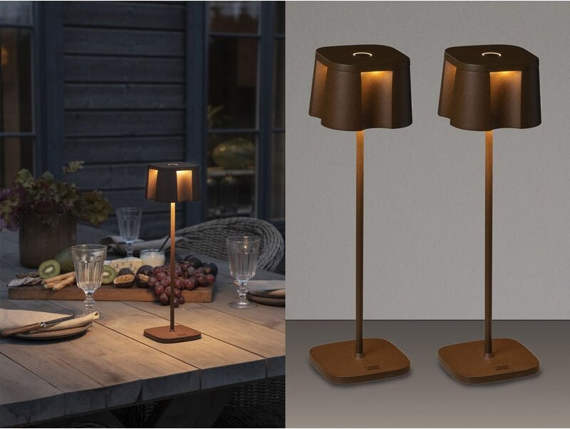 Meinewunschleuchte - 2er Set Wiederaufladbare led Outdoor Tischleuchten, Rostoptik Höhe 36cm