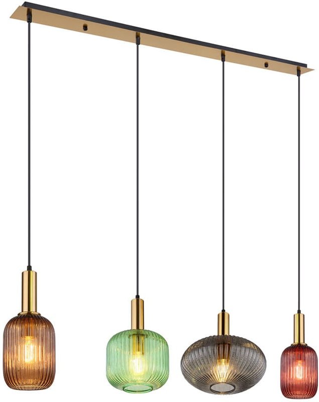 Pendellampe Hängeleuchte Esszimmerlampe, 4-flammig, Retro Designlampe, Bunte Glasschirme, Metall, messing schwarz, 4x E2...