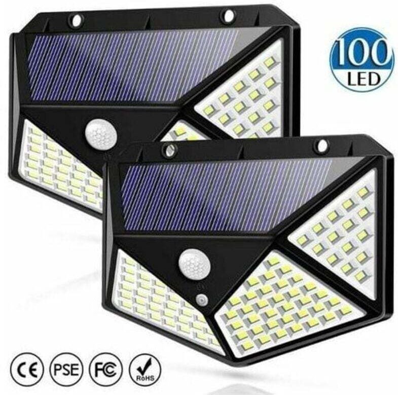 Set mit 2 Solar-Flutlichtern mit Bewegungsmelder, 100 LEDs, vierseitige Solar-Wandleuchte