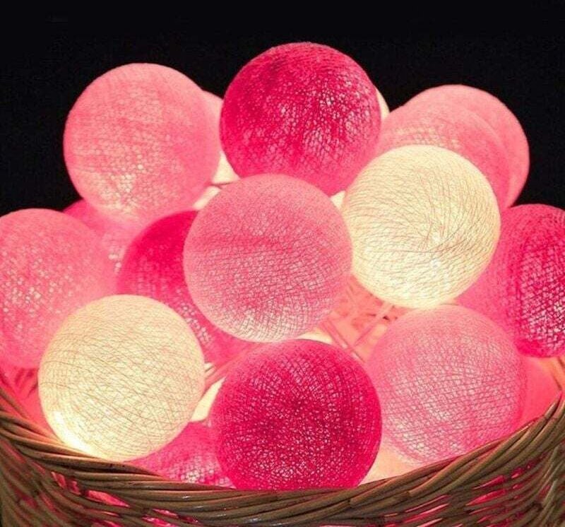 Lichterkette für den Außenbereich, rosafarbene Lichterkette mit Wattebausch, batteriebetrieben – 3,3 m, 20 LEDs, Beleuch...