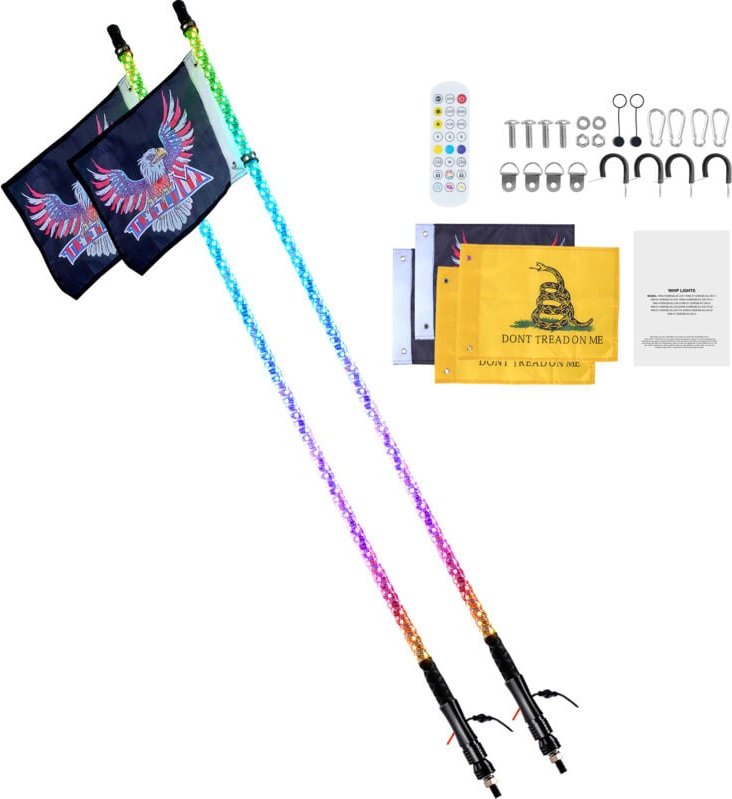 Mophorn 2 Stück 3 FT LED-Peitschenlicht, APP- und RF-Fernbedienung, wasserdichte 360°-Spiral-RGB-Lichter mit 4 Flaggen f...