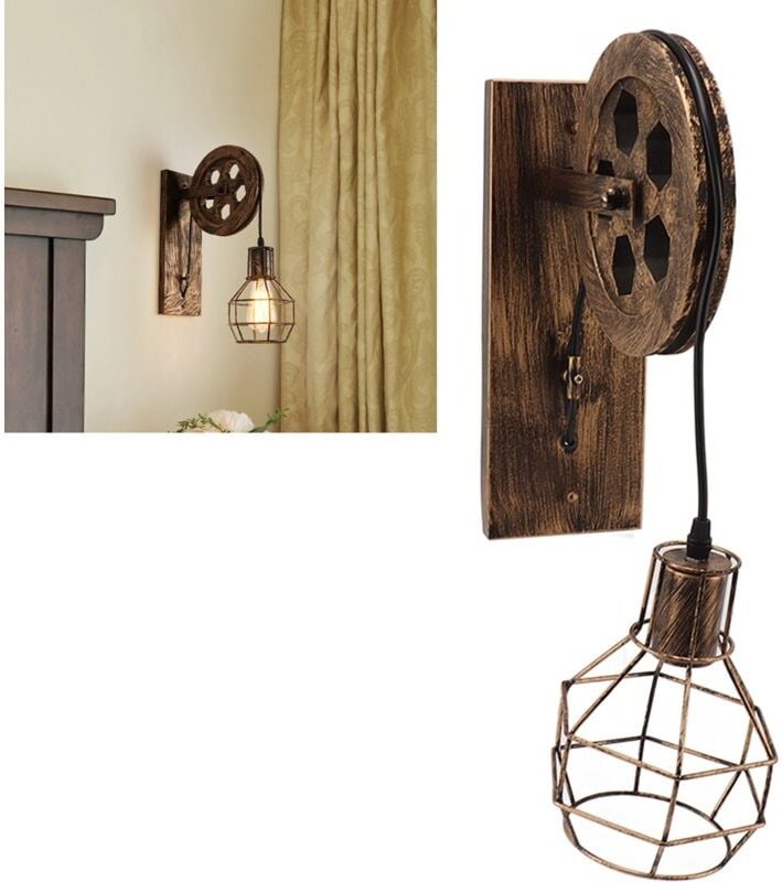 SUNXURY Retro-Wandlampe aus Eisen und Holz, E27, E26, Vintage-Industrie-Wandleuchte mit Heberolle und Käfigschirm für da...