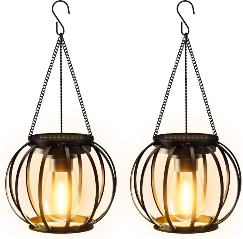 Jalleria - Solarleuchten zum Aufhängen außen, 2er Pack Metall Solarlaternen für außen mit großer led Birne, IP65 wasserd...