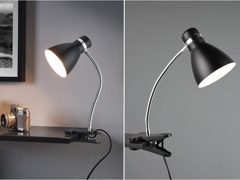 Led Klemmleuchte flexibel, Chrom & Metallschirm Schwarz, 36cm