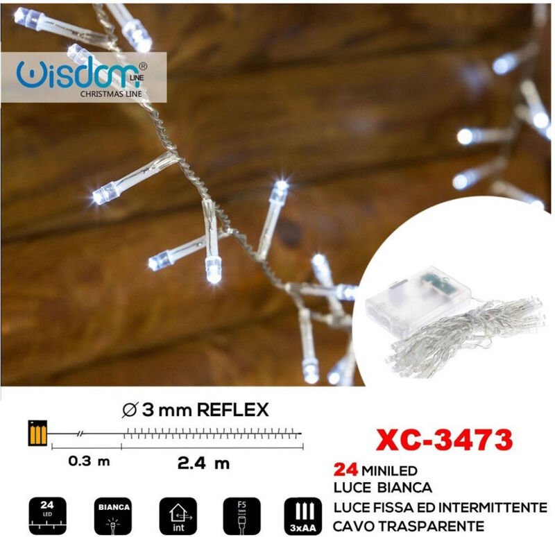 Trade Shop - 24 LED BATTERIEBETRIEBENE KETTE MIT TRANSPARENTEM KABEL FESTES+INTERMITTIERENDES WEISSES LICHT XC-3473 -