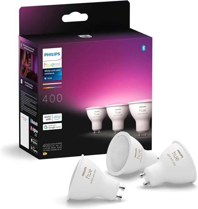 Philips Hue Smart-LED-Lampen in Weiß und Farbe (3er-Pack), GU10-Sockel, 400 Lumen, Bluetooth-kompatibel. Kompatibel mit ...