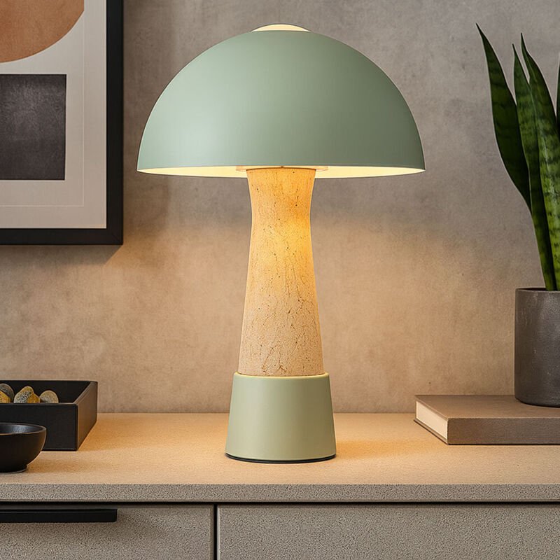 Tischlampe Pilz Holzoptik Wohnzimmerlampe grün Tischleuchte Pilzdesign Schlafzimmerlampe, Metall Travertine-Optik, 1x E2...