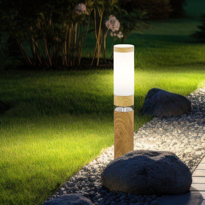 Thumbnail - Standleuchte Sockelleuchte Außen rund Sockellampe Aussenbereich Edelstahl Terrassen, Holz Optik mit Deko led, 1x E27, Dx...