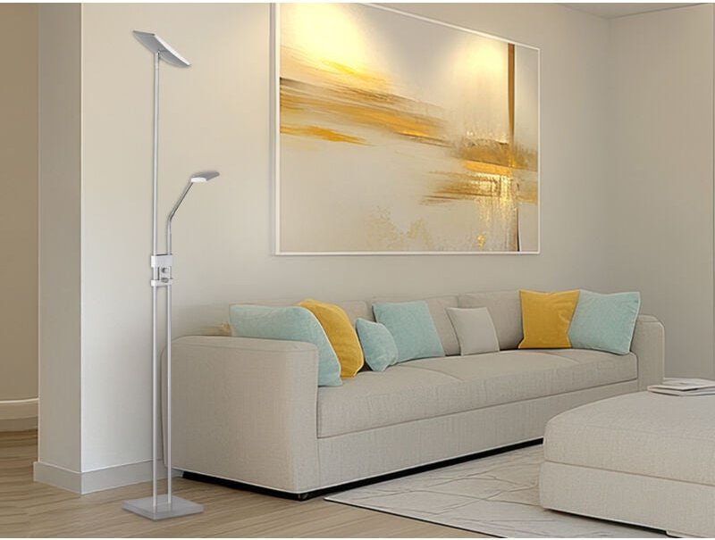 Led Deckenfluter luke dimmbar mit Leselampe, Silber Höhe 185cm