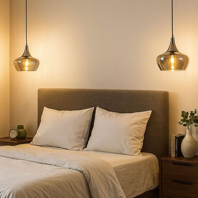 Hängeleuchte Glas rauchfarben Pendelleuchte Rauchglas Esszimmerleuchte Retro, Metall, E14 Fassung, DxH 14x150 cm, 2er Se...