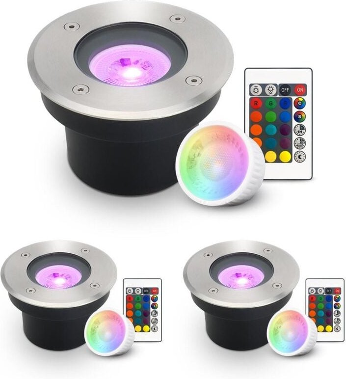 LED Bodeneinbaustrahler FLACH rund Edelstahl 230V IP67 - Leuchtmittel: 5W RGB+CCT DIMMBAR 60° - Anzahl: 3x