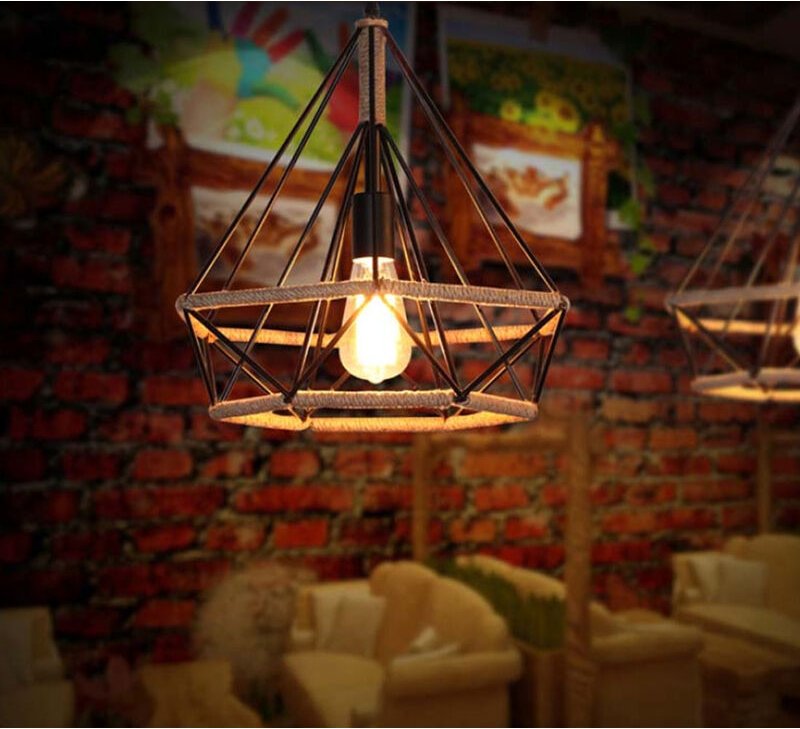Axhup - Industrial Kronleuchter mit Hanfseil Vintage Käfig Diamant Form Pendelleuchte Metall Ø25cm Deckenlampe E27 für E...