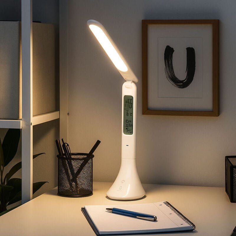 Tischleuchte Touchdimmer Schreibtischlampe Uhr Büro Tischlampe beweglich, weiß, led 4W 195Lm neurtralweiß, LxH 19x26 cm