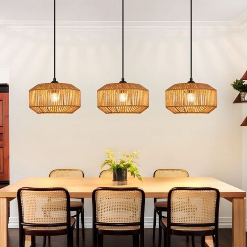 GBLY Pendelleuchte Boho Rattan Hängelampe E27 Höhenverstellbar Retro Esszimmerlampe Für Wohnzimmer Schlafzimmer Ohne Leu...