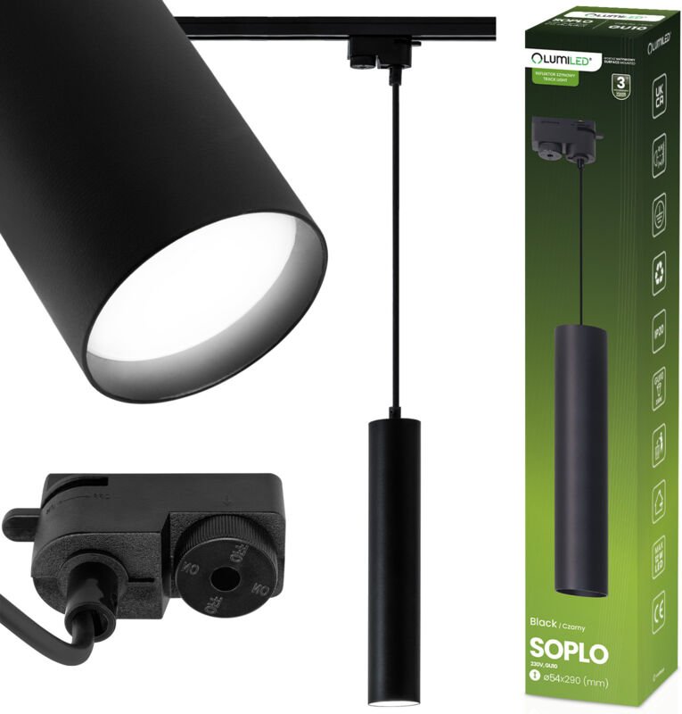 Hängelampe mit Schiene, 29 cm, LED-Spot GU10, SOPLO, Schwarz, LUMILED