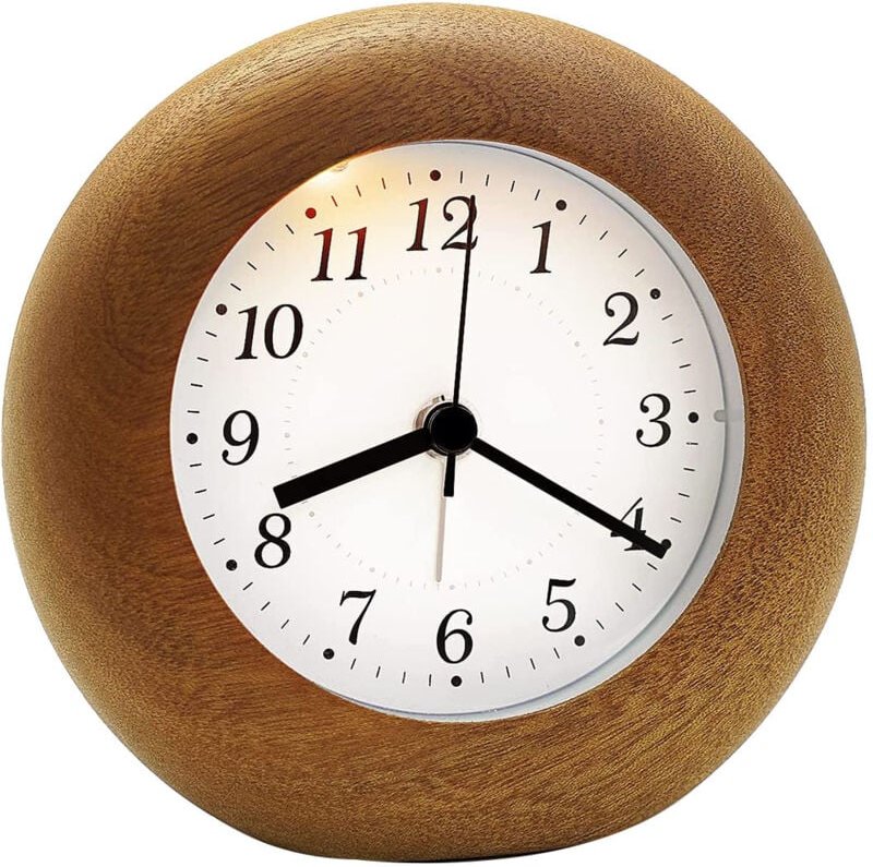 Analoger Wecker ohne Ticken, aus Holz mit Schlummerfunktion, Tischnachtlicht für Schlafzimmer, Holz, Braun