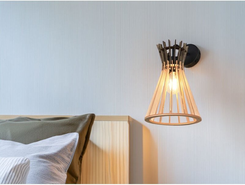 LED Wandleuchte mit Schalter & Lamellen Lampenschirm in Holzoptik, Höhe 24cm