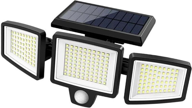 Solarbetriebene Außenleuchte mit 208 LEDs, 1200 lm, wasserdichter Solar-Wandstrahler, 3 Leuchtenköpfe, Schutzart IP65