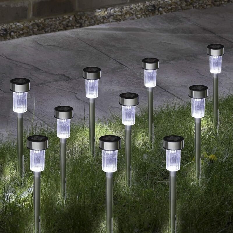 10er-Set Solar-Gartenleuchten mit Erdspieß – Wasserdichte LED-Gartenleuchten aus Edelstahl für Terrasse, Einfahrt, Gehwe...