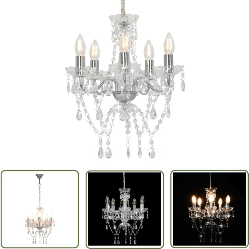 The Living Store - Kronleuchter mit Kristallperlen Silbern Rund 5 x E14 - Kronleuchter - Kristallperlen - Silber - Deko ...