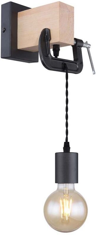 Wandleuchte hängend Wandlampe aus Holz mit Schraubzwinge schwarz, 1x E27, Textilkabel schwarz, 14x28x15cm, Flur Schlafzi...