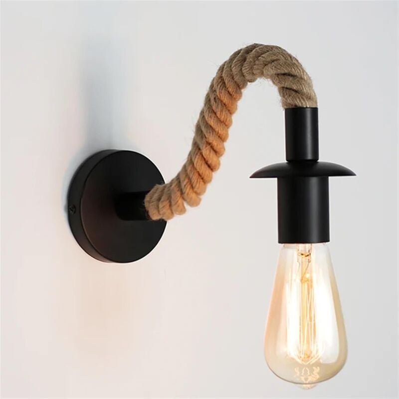 Vintage Hanfseil-Wandleuchte, industrielle Wandleuchte, ideal für E27-Leuchtmittel, 110/220 v (schwarz)