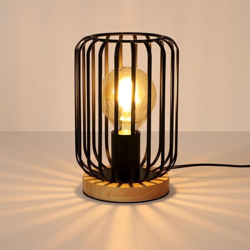 Thumbnail - Goeco - Industrielle Vintage-Tischlampe, Nachttischlampe aus Metall mit Holzkäfig in Schwarz, Tischlampe mit Schalter un...