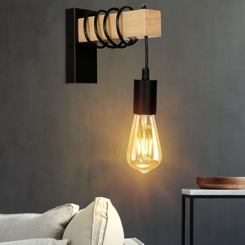 Retro Wandleuchte, Wandlampe aus Holz, Verstellbare Kabellänge, E27 Fassung, Vintage Industriedesign, Retro Wandlampe fü...