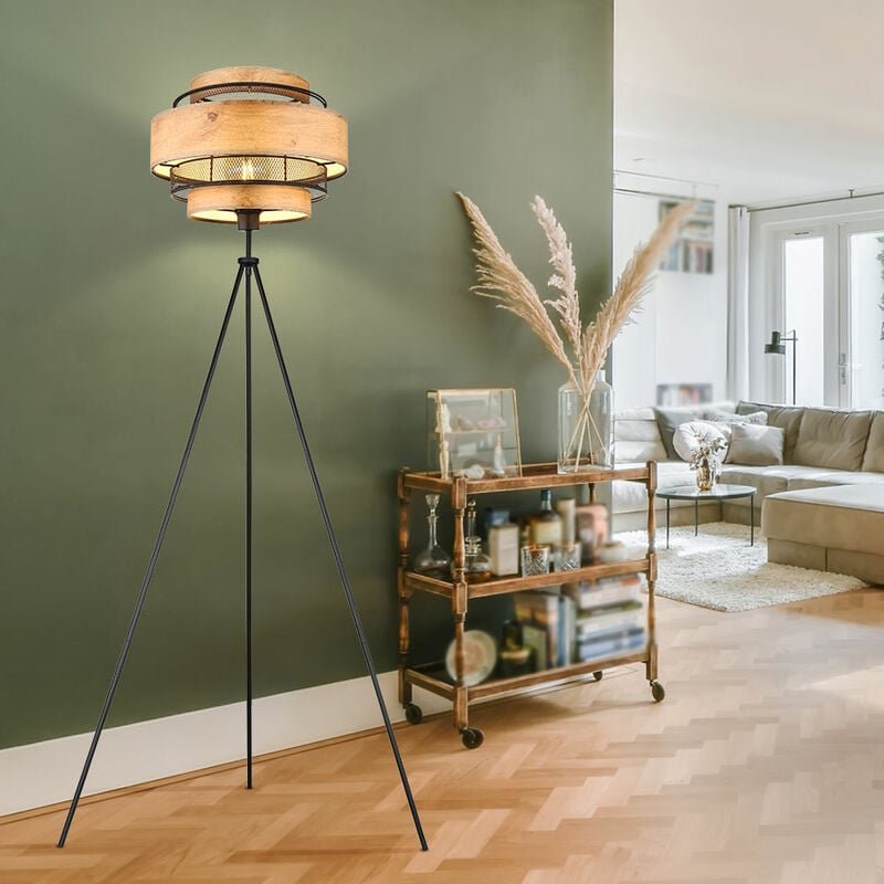 Thumbnail - Globo Lighting - led Stehleuchte Deckenfluter Holz Wohnzimmerleuchte Beistelllampe Schlafzimmer, 3-Bein Stativ Metallgef...