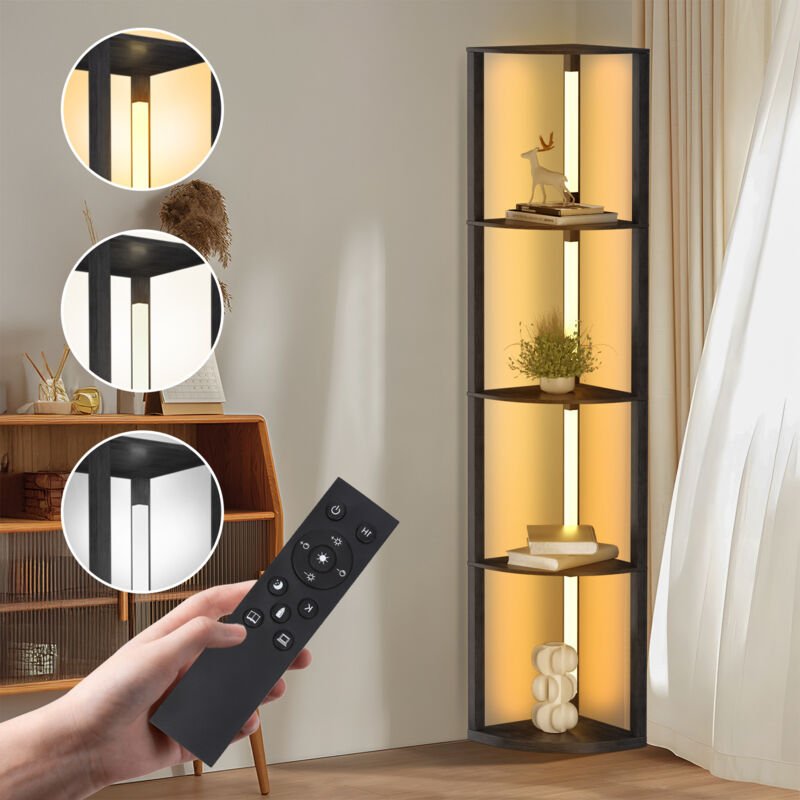 Randaco 4 Stufige RGB Eckregal Stehend, LED Stehlampe Wohnzimmer 163cm, Stehlampe mit Regal aus Holz Über App & Fernbedi...