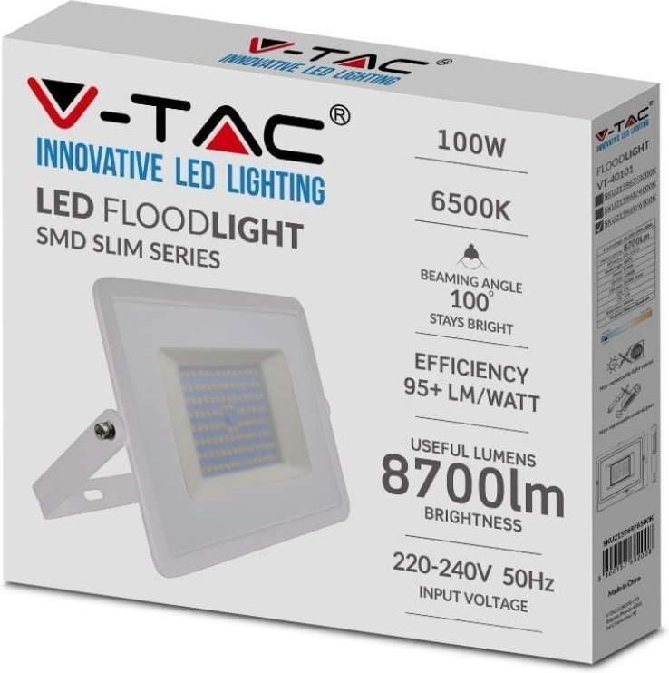 V-TAC VT-40101 100W LED super slim flutlicht E-series weiß IP65 kaltweiß 6500K - SKU 5969