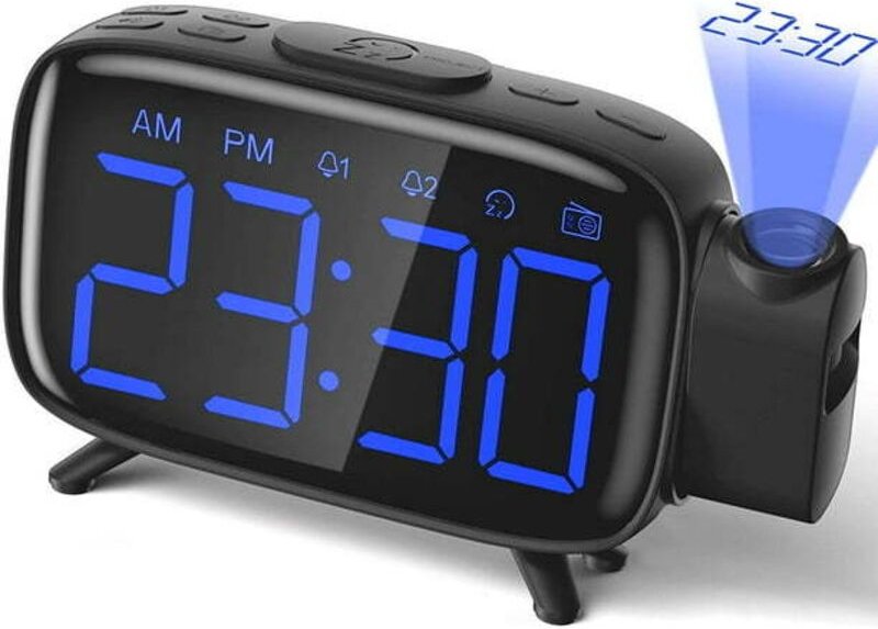 Projektionswecker mit dualer blauer Projektionsuhr und Schlummerfunktion, einstellbarer Helligkeit, 7 Wecktönen, USB-Ada...