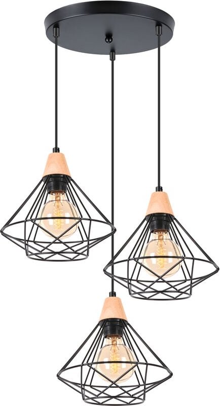 Industriell Pendelleuchte 3-flammige Metall Hölzern Lüster in Rautenform Ø22cm Kronleuchter E27 für Wohnzimmer Schlafzim...