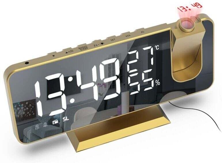 Projektorwecker, Radiowecker mit Temperatur- und Feuchtigkeitsanzeige, 7,5-Zoll-Spiegel-LED-Bildschirm, Doppelalarm mit ...
