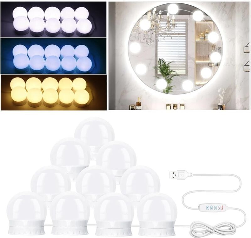 10-LED-Schminklampe, 3 Farben, einstellbare Intensität, Hollywood-Stil, ideal für Schminktische und Kosmetikspiegel.