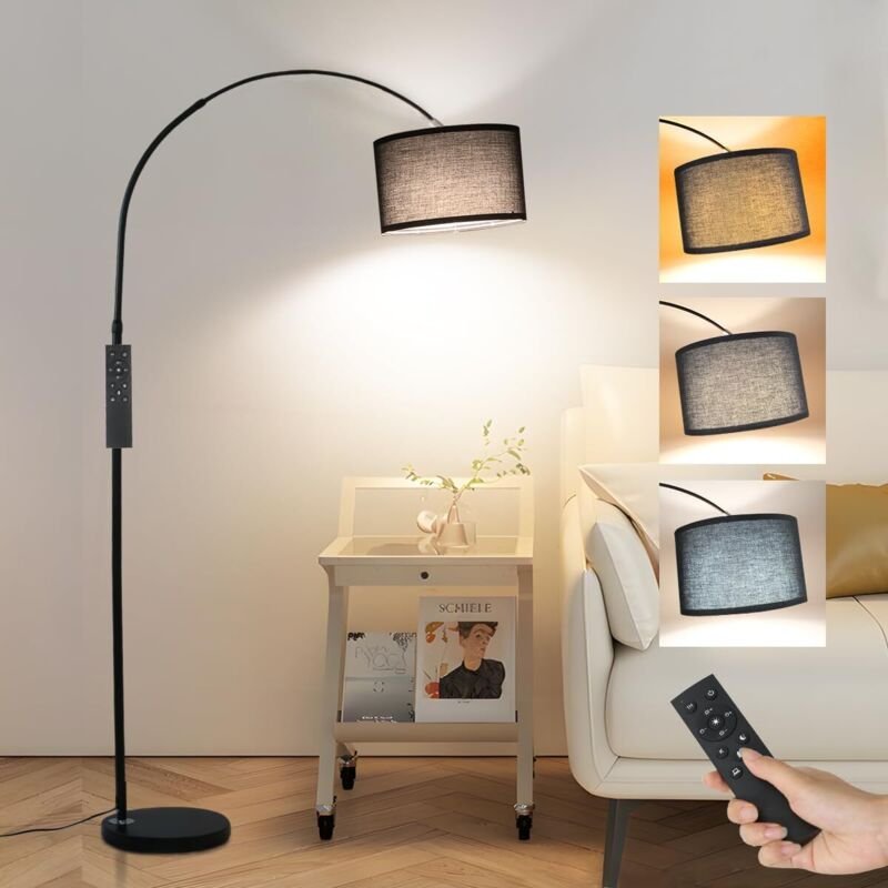 Antenlicht Bogenlampe mit Fernbedienung Schwarz Wohnzimmer Stehlampe Dimmbar Inklusive LED E27 I Braun Stoffschirm 33 cm...