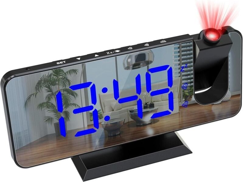 Linghhang - Blauer Text) Deckenprojektionswecker, Deckenprojektionsweckerradio, mit Spiegelbildschirm, Temperatur-USB-An...