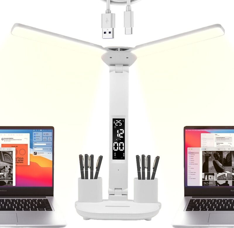 Kabellose LED-Schreibtischlampe für Kinder mit Uhr, Kalender, Temperatur, 2 Stifthalter, dimmbare Doppelkopf-Schreibtisc...