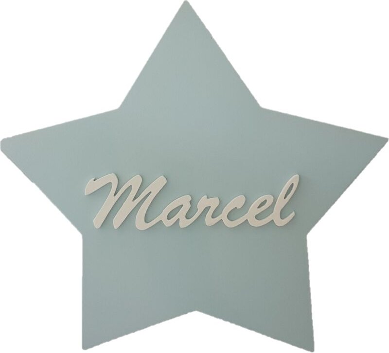 Lámpara de noche LED con forma de estrella y nombre, alimentada por batería.