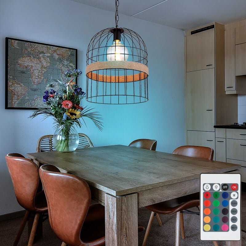 Led Hängeleuchte dimmbar mit Fernbedienung Pendellampe Hanfseil Pendelleuchte Wohnzimmer, rgb Farbwechsel, Metallgitter ...