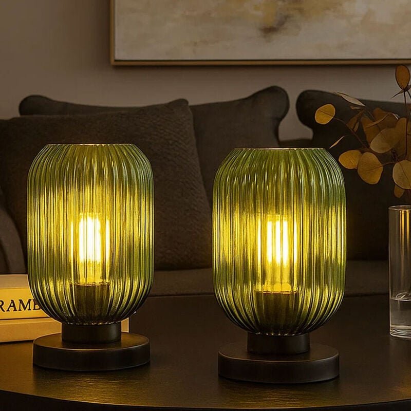 Tischlampe Nachttischleuchte Wohnzimmerlampe Schlafzimmerleuchte Beistellleuchte, Metall schwarz Glas grün, 1x E27, H 24...